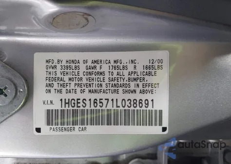 2001 Honda Civic Lx z USA, uszkodzony, nr VIN 1HGES16571L038691